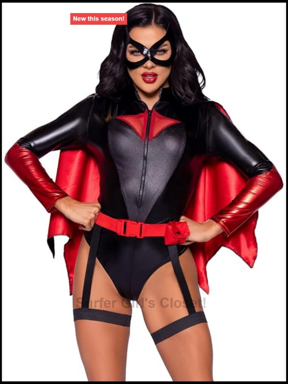 Women's 4pc Costume Set with Zip-Up Bodysuit, Detachable Cape, Belt & Mask